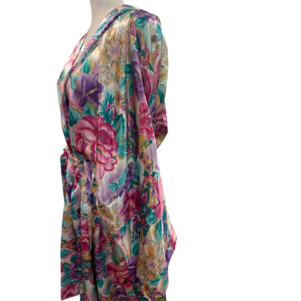Vintage Adonna Woman Floral Satin Robe Pink Purple Paisley Kimono 2X USA - Picture 3 of 16